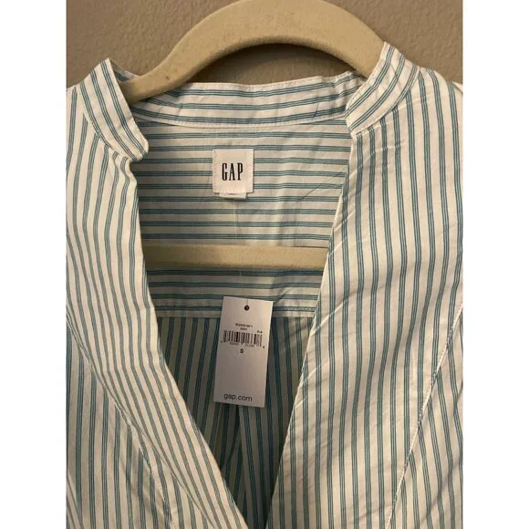 Gap Womens Cotton Blouse Striped Teal White Bib Long Sleeve Size Small - Picture 2 of 7